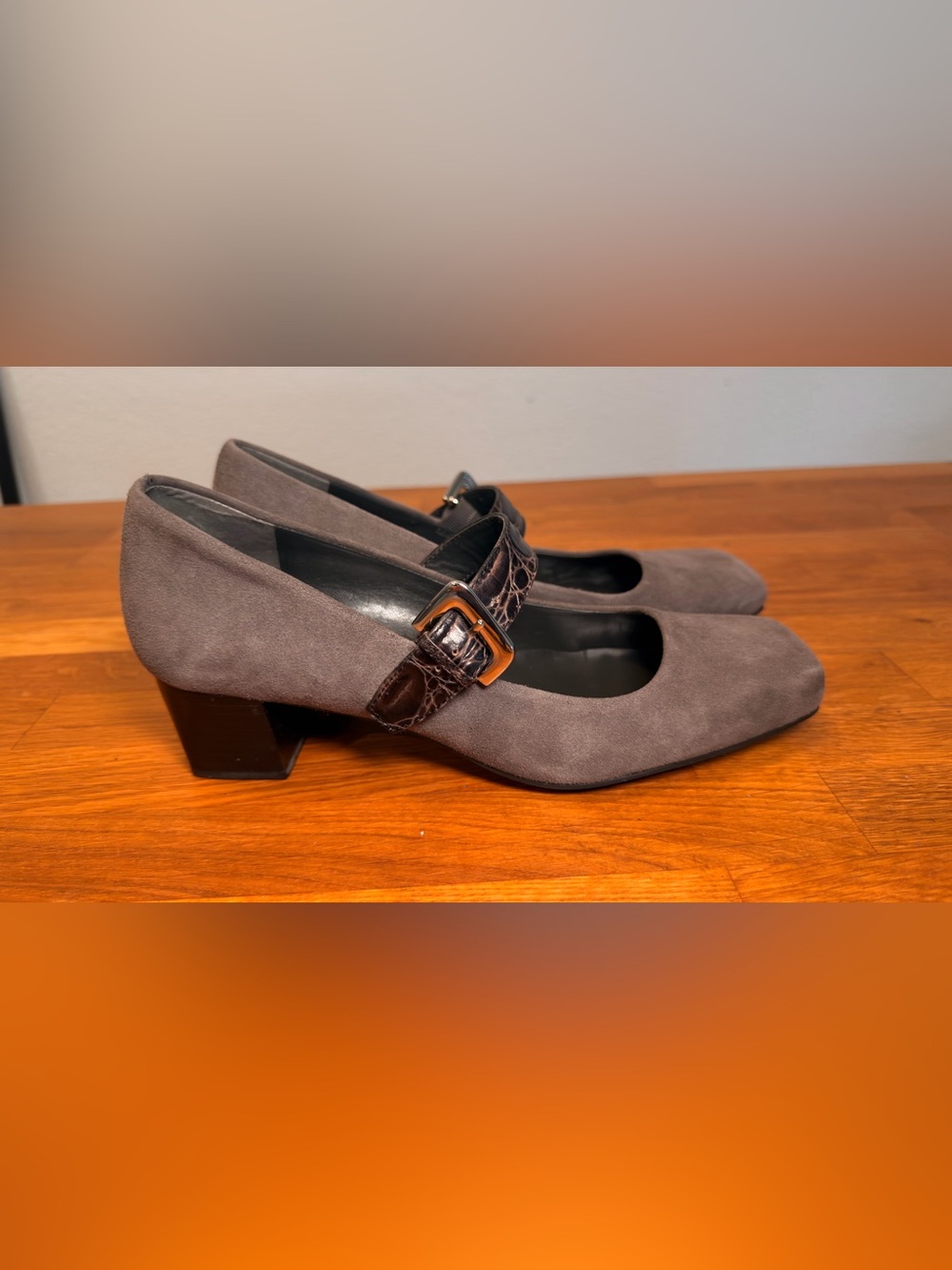 Franco Sarto Gray Suede Mary Jane with Brown Croc Strap and Buckle 6.5M